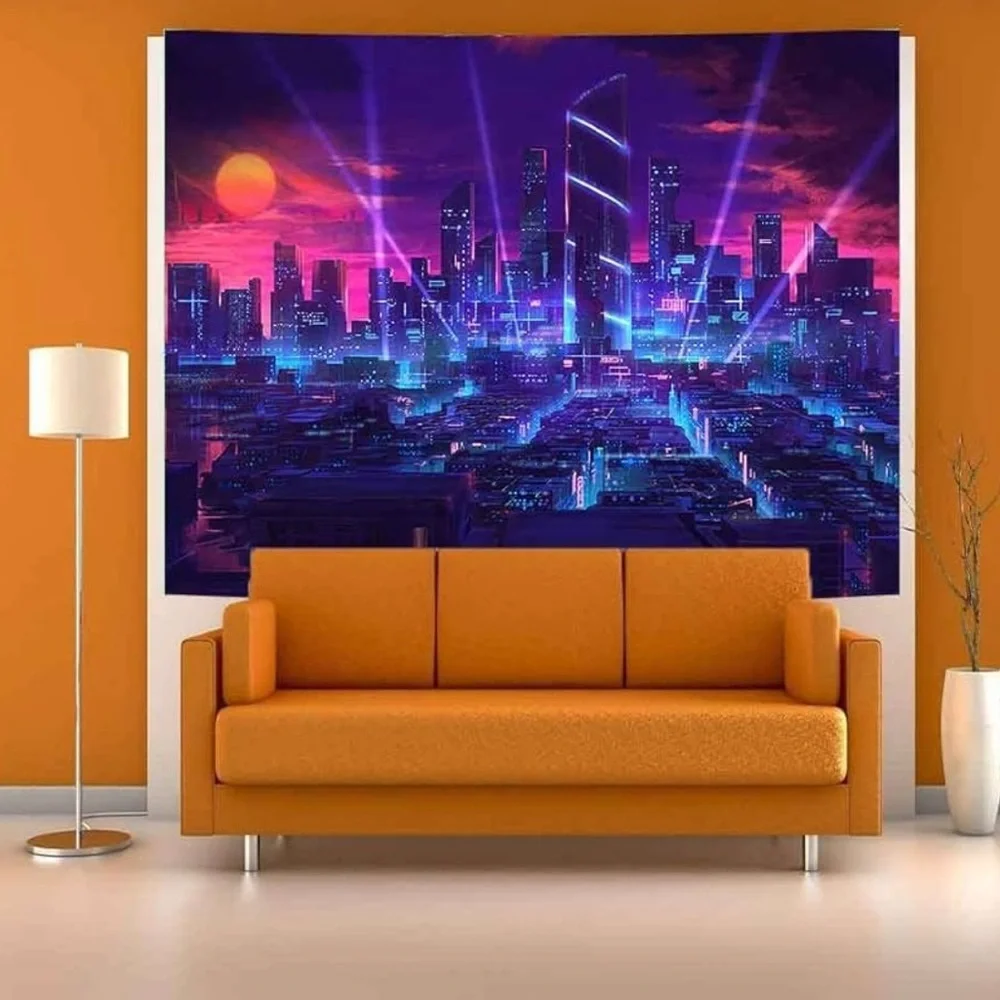 Aidatain Modern City Street View Tapestry - Blue and Purple Night City Japanese